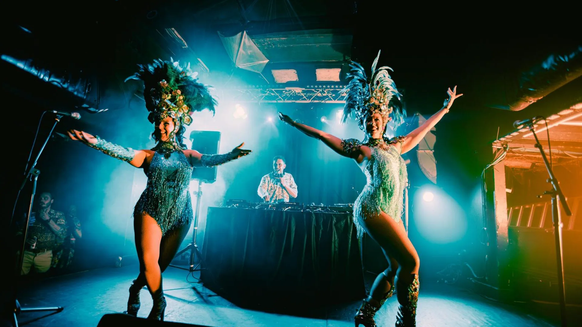 Samba dancers performing alongside The Beatles Dub Club DJ set at Thekla, Bristol